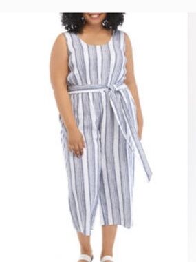 crown & ivy Blue and White Striped Sleeveless Linen Wide Leg Jumpsuit